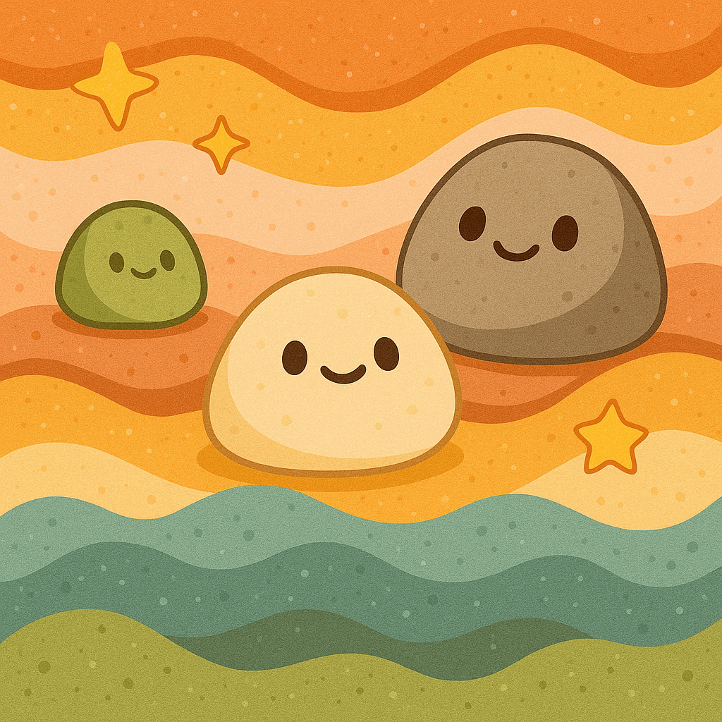 Colorful pet rocks with cartoon faces sitting on layered geological strata formation - perfect companions for adoption at Erika's Pet Rocks